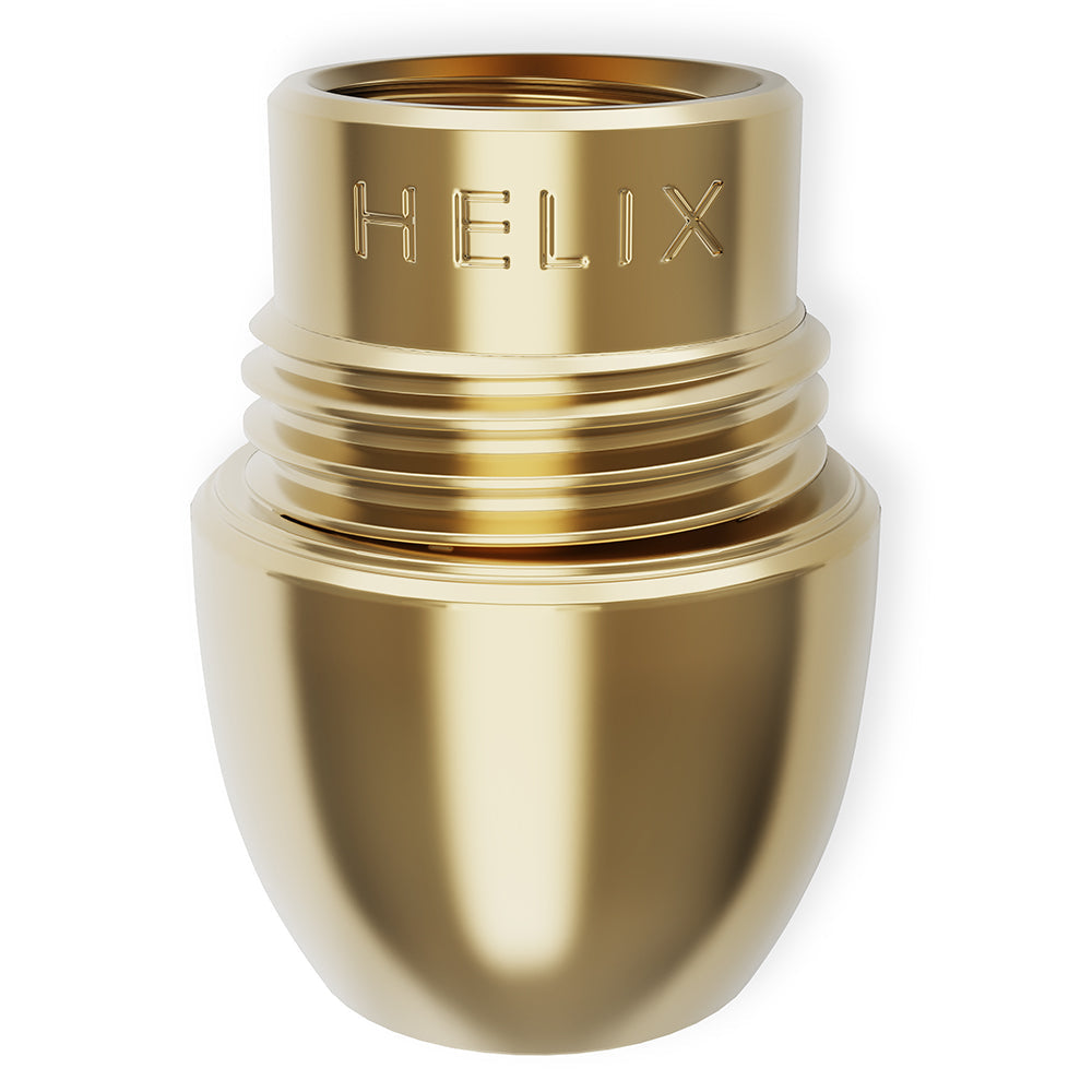 Close-up of Helix Axis brass threaded bowl with branding