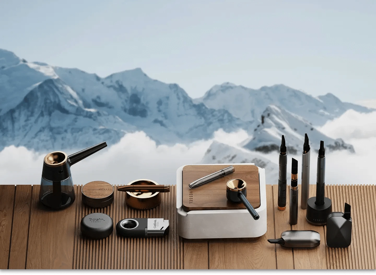 Collection of Vessel products on wood display including Bubbler, Pipe, Helix, Air, Mill, Basin, Ember, Ash, Carbon, Expedition, Vista Edge, Craftsman, Base charger, Core, Compass, and Compass Rise with snowy mountain landscape background